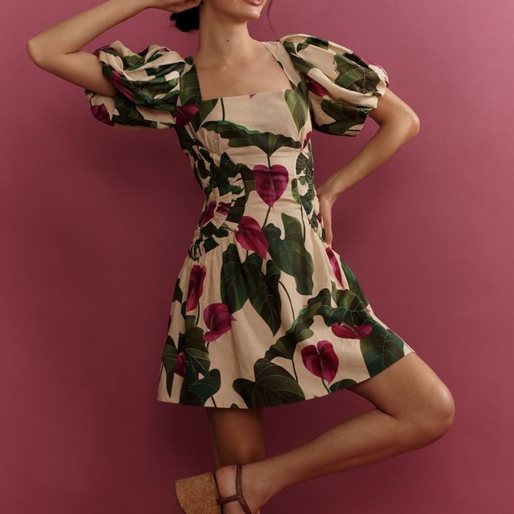 New FARM Rio Anthurium Leaves Short Sleeve Linen Blend Mini Dress